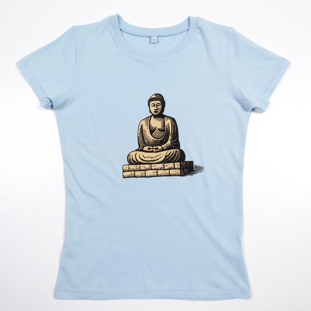 BUDDHA T-Shirt Top Fitted Light Blue Womens New